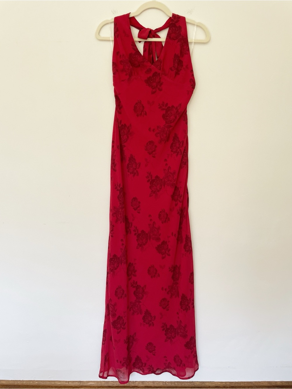 Freja Maxi Dress Halter Tie Long Cherry Rose Floral Open Back Going Out Party 6 - Picture 3 of 13